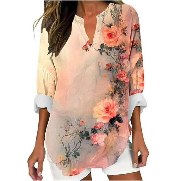 Uootdi Women's Floral Printed V - Neck Shirt, Light Background with Pink Rose Patterns, Roll - up Cuff Design, Artistic and Fresh Blouse, Daily Wear Top Multicolor Women Top