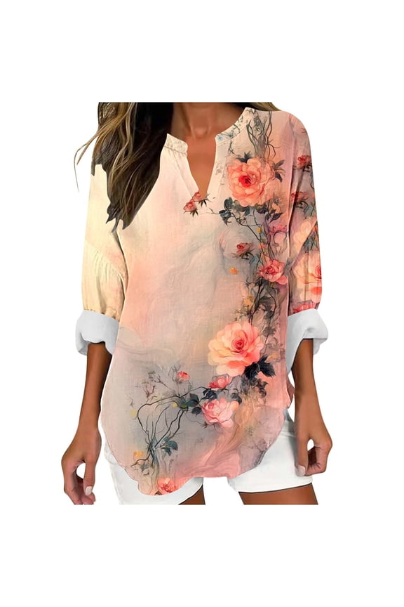 Women's Floral Printed V - Neck Shirt, Light Background with Pink Rose Patterns, Roll - up Cuff Design, Artistic and Fresh Blouse, Daily Wear Top Multicolor Women Top