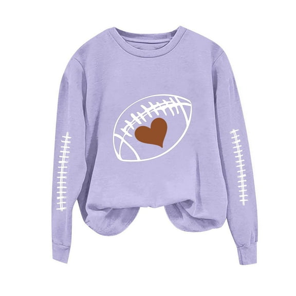 Uootdi Women's Football Heart Graphic Sweatshirt Game Day Crewneck Long Sleeve Casual Fall Sports Top Purple Women Tops