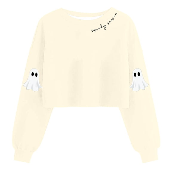 Uootdi Women's Ghost Skull Cropped Long Sleeve Sweatshirt Fall Halloween Lantern Pullover Spooky Season Sweatshirt Gift