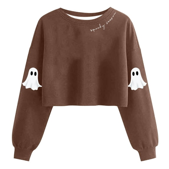 Uootdi Women's Ghost Skull Cropped Long Sleeve Sweatshirt Fall Halloween Lantern Pullover Spooky Season Sweatshirt Gift