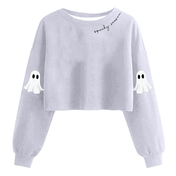 Uootdi Women's Ghost Skull Cropped Long Sleeve Sweatshirt Fall Halloween Lantern Pullover Spooky Season Sweatshirt Gift