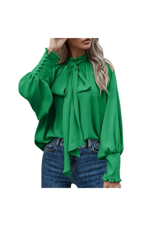Women's Gift Bow Tie Neck Shirts Casual Long Lantern Sleeve Tops Mock Neck Solid Color Blouses Dressy Elegant Business Cas ual