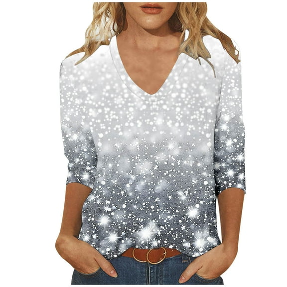 Uootdi Women's Glitter Gradient V Neck Top 3/4 Sleeves Sparkle Snowflake Print Shirt Party Holiday Outfit Trendy Winter Fashion Multicolor Womens Tops