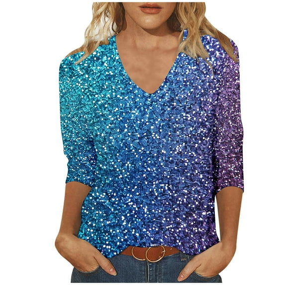 Uootdi Women's Glitter Ombre V Neck Top 3/4 Sleeves Sparkle Shirt Party Casual Tee for Night Out Event Outfits Trendy Fashion Multicolor Womens Tops