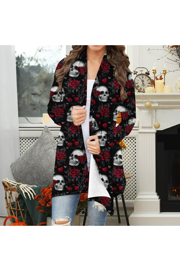 Women's Gothic Skull & Rose Print Cardigan - Long Sleeve Open Front Coat, Edgy Halloween Outerwear, Casual Fall Fashion Apparel, Alternative Style Outfit Multicolor Women Top