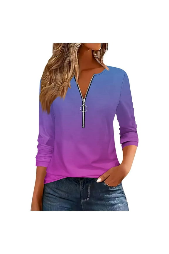Women's Gradient Color Zip Neck Blouse Long Sleeve Casual Loose Fit Design Trendy Summer Top Purple Women Tops