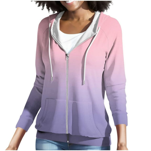 Uootdi Women's Gradient Color Zip - Up Hoodie Jacket with Plus Size Options Warm Casual Fall Winter Outerwear Multi - Color Choices Navy Women Tops