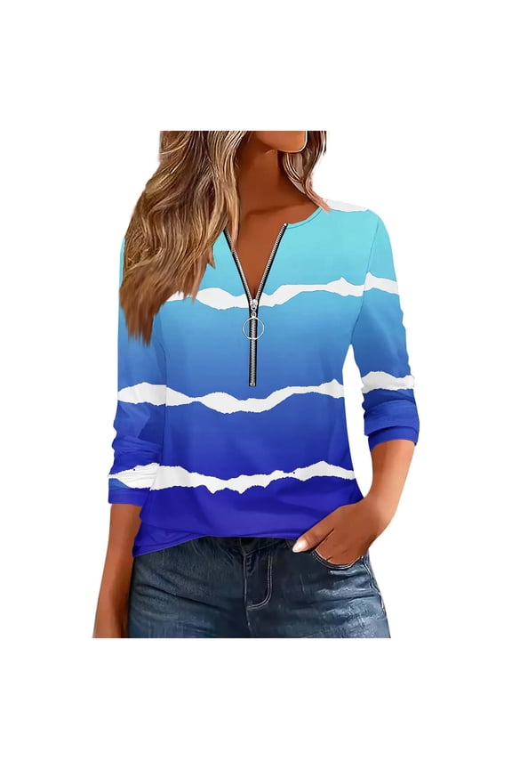 Women's Gradient Stripe Zip - Neck Top, Long Sleeve, Casual Loose Fit, - Inspired Pattern, Summer Trendy Blouse Blue Women Tops