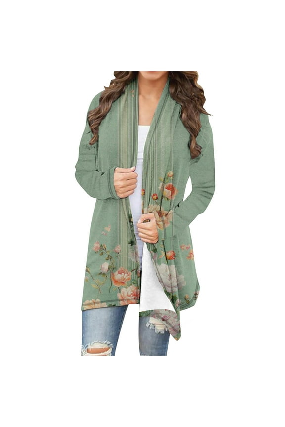 Women's Green Floral - Patterned Cardigan Duster, Long Open - Front Kimono Jacket, Lightweight Boho - Inspired Casual Spring & Summer Trendy Outerwear Multicolor Women Top