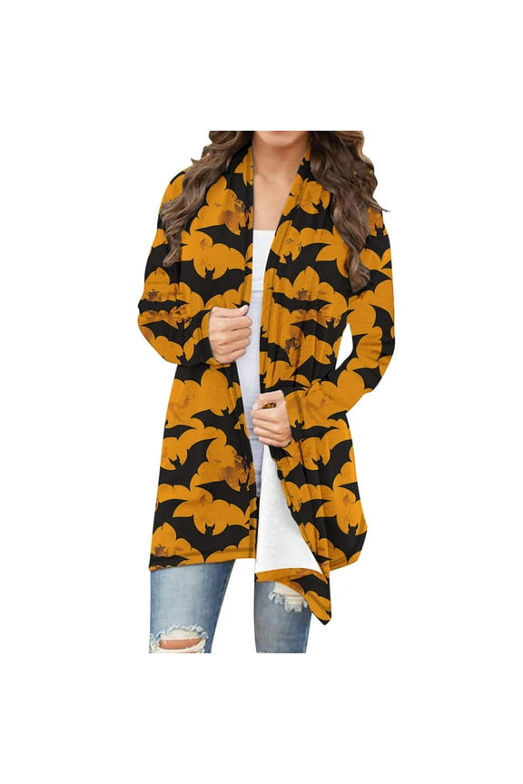 Women's Halloween Bat Print Cardigan - Open Front Long Sleeve Coat, Casual Spooky Season Outerwear, Trendy Festival Jacket, Artistic Autumn Top Multicolor Women Top