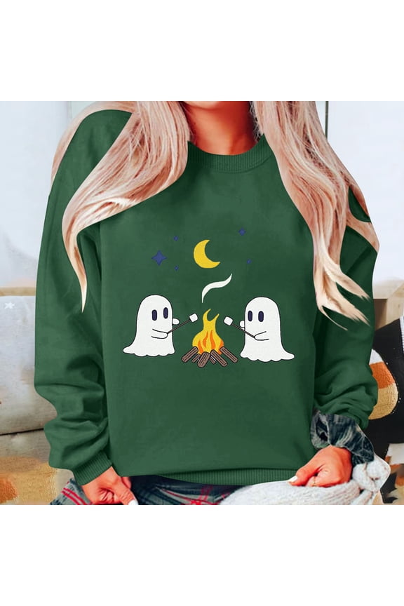 Women's Halloween Ghost Campfire Sweatshirt - Crew Neck Long Sleeve Top, Casual Spooky Season Pullover, Trendy Cute Graphic Shirt, Versatile Fall/Winter Outwear Army Green Women Top