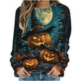 thumbnail image 1 of Uootdi Women's Halloween Pumpkin Graphic Sweatshirt - Glowing Witch Hat Jack Lanterns，Crewneck Long Sleeve,Trendy Fall Outfit,Party Wear Essential Dark Blue Women Tops, 1 of 6