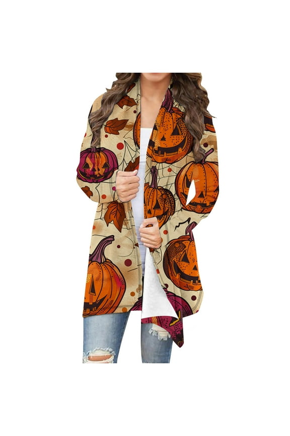 Women's Halloween Pumpkin Pattern Cardigan - Open Front Long Sleeve Coat, Casual Spooky Season Outerwear, Trendy Festival Print Jacket, Artistic Autumn Leaf Top Multicolor Women Top