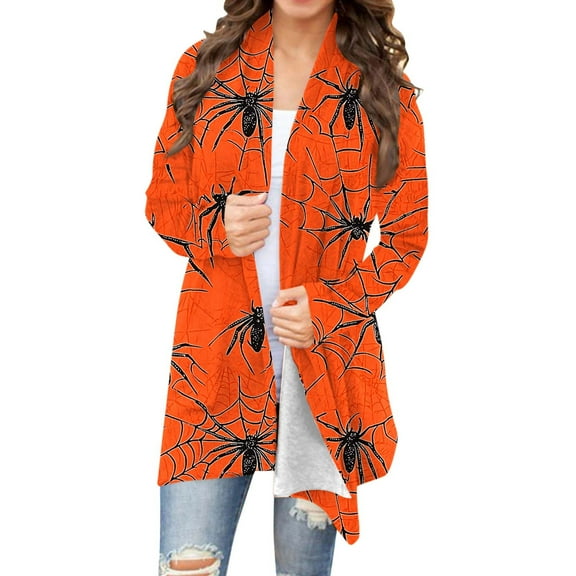 Uootdi Women's Halloween Spider Web Cardigan - Open Front Long Sleeve Coat, Casual Spooky Season Outerwear, Trendy Spider Print Jacket, Versatile Fall Outwear Orange Women Top