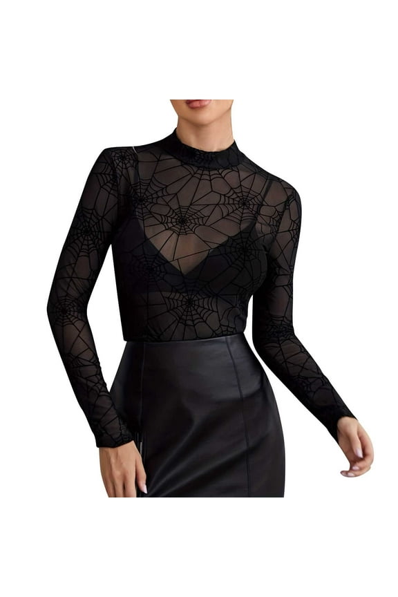 Women's Halloween Spider Web Mesh Top Sheer Long Sleeve Mock Neck Shirt Gothic Party Outfit Trendy See Through Clubwear Fashion Blouse Festival Costume