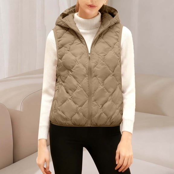 Uootdi Women's Lightweight Down Vest Puffer Sleeveless Hooded Jacket Stand Collar Zipper Warm Winter Outerwear with Pockets