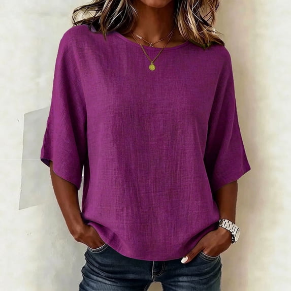 Uootdi Women's Linen Tops 3/4 Sleeve Crew Neck Blouses Casual Daily Style Lightweight Breathable Loose Fit Tees Gift