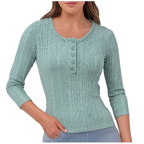 Uootdi Women’s Long Sleeve Henley T Shirts Casual Crewneck Button Down Knit Tops Solid Color Slim Fit Knit Tunic Tops Gift