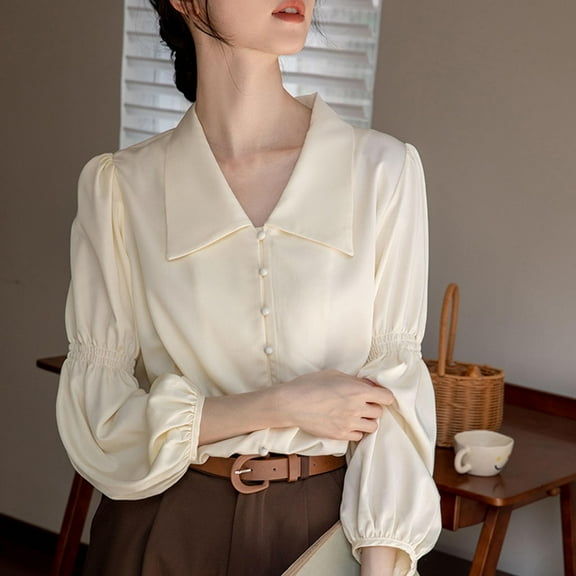 Uootdi Women's Long Sleeve Shirt Button Down Shirts for Women Turn Down Collar Puff Sleeve Vintage Tops Gift Lightweight Soft Com