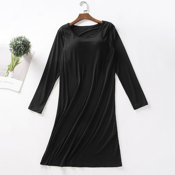 Uootdi Women's Long Sleeve Shirt Nightgowns for Women with Built in Bra Crewneck Modal Gift Maxi Nightdress Solid Loose Sleepwea r Soft