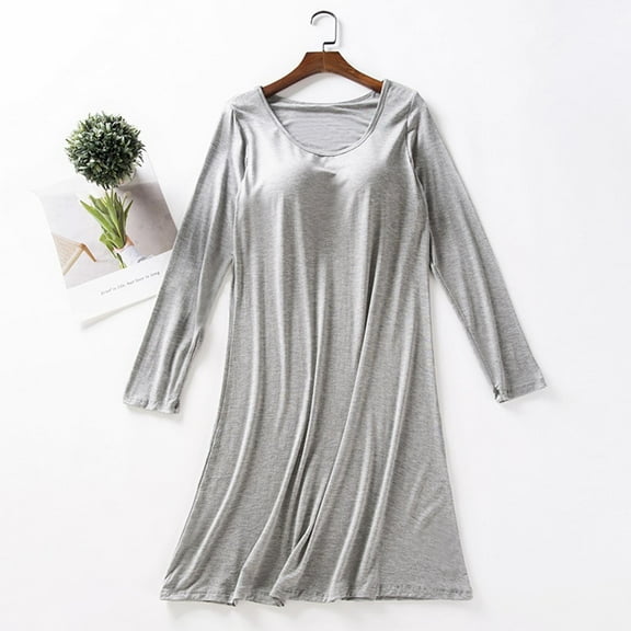 Uootdi Women's Long Sleeve Shirt Nightgowns for Women with Built in Bra Gift Crewneck Modal Maxi Nightdress Solid Loose Sleepwea r Soft