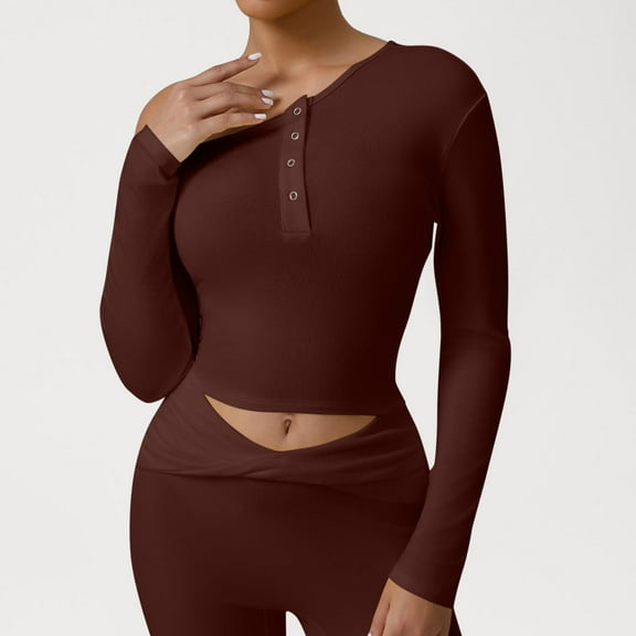 Uootdi Women's Long Sleeve Shirts Casual Button Scoop Neck Tops Slim Gift Fit Rib Knit Basic Solid Color Tee Fall Clothes