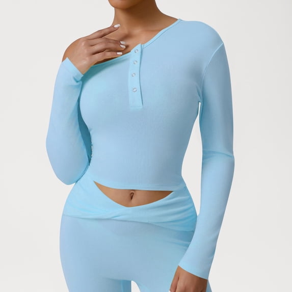 Uootdi Women's Long Sleeve Shirts Casual Button Scoop Neck Tops Slim Gift Fit Rib Knit Basic Solid Color Tee Fall Clothes