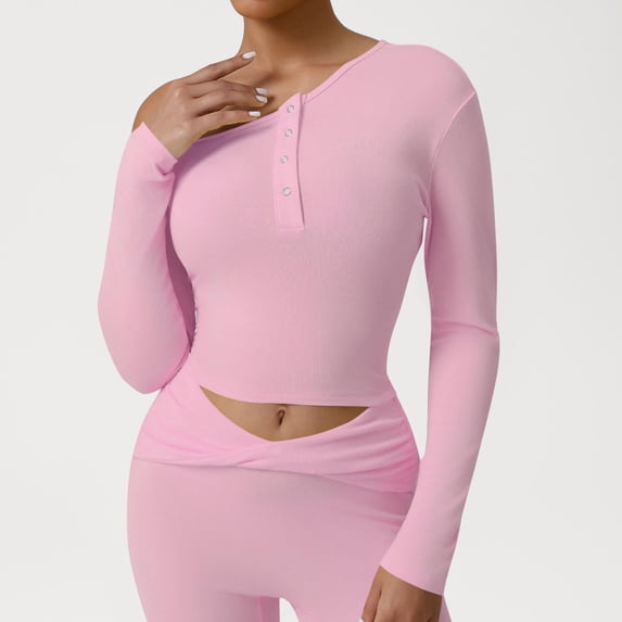 Uootdi Women's Long Sleeve Shirts Casual Button Scoop Neck Tops Slim Gift Fit Rib Knit Basic Solid Color Tee Fall Clothes