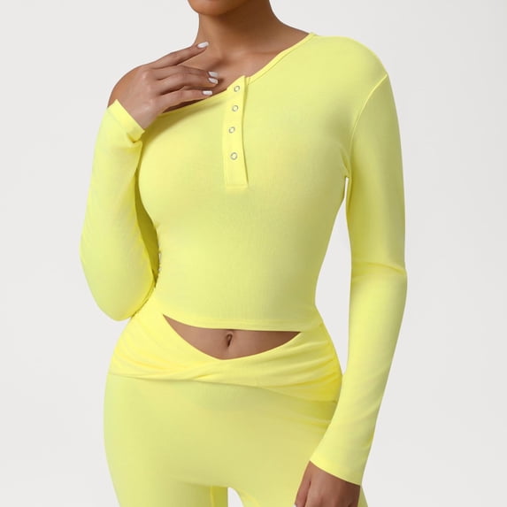 Uootdi Women's Long Sleeve Shirts Casual Button Scoop Neck Tops Slim Gift Fit Rib Knit Basic Solid Color Tee Fall Clothes