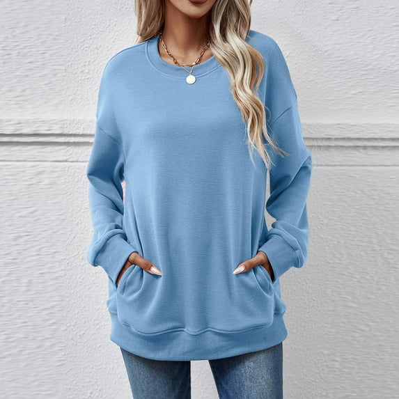 Uootdi Women's Long Sleeve Sweatshirts Women Crewneck Tops Fall Fashion Clothes Winter Pullover with Gift Pockets S-2XL Loose S oft Tops