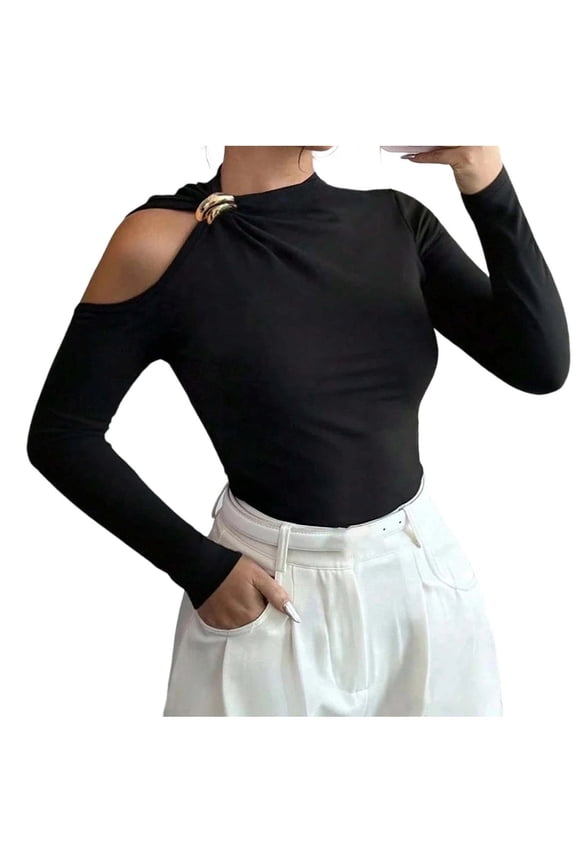Women's Long Sleeve Tee Shirts Y2K Tops Cut Out Asymmetrical Neck Slim Fit Tee Shirts Ring Gift Linked Shirt Tops