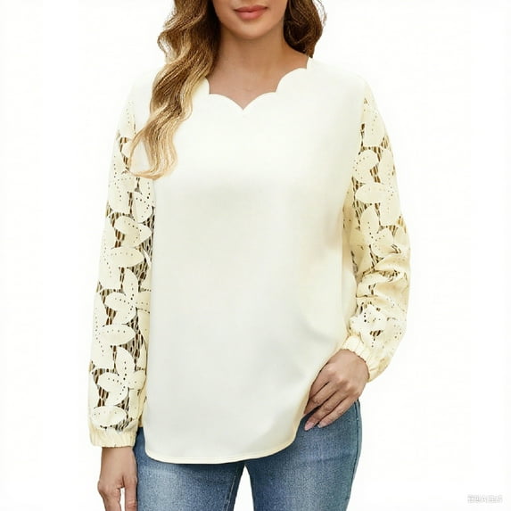 Uootdi Women's Long Sleeve V Neck Hollow Out Lace Elegant Blouses Eyelet Scalloped Shirts Gift Loose Fit Dressy Party Floral Tuni