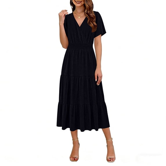Uootdi Women's Maxi Dresses V Neck Short Sleeve Smocked Tiered Dresses Vacation Lightweight Flowy Casual Dresses Gift