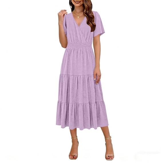 Uootdi Women's Maxi Dresses V Neck Short Sleeve Smocked Tiered Dresses Vacation Lightweight Flowy Casual Dresses Gift
