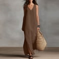 thumbnail image 1 of Uootdi Women's Maxi Dresses V Neck Sleeveless Side Slit Linen Dresses Beach Breathable Loose Kaftan Dresses Gift, 1 of 8
