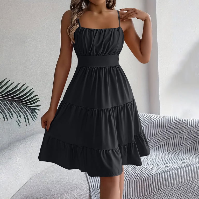 cute mini flowy dresses Uootdi Women's Mini Dresses Square Neck Spaghetti Strap Ruffle Tiered  Sundresses Cute Flowy Dresses Gift