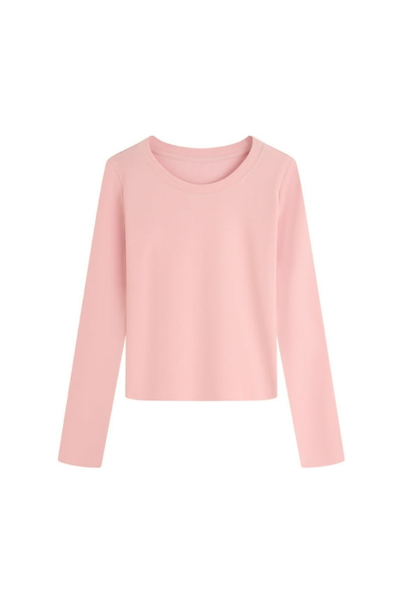 Women's Multi - Color Crew Neck Long - Sleeve Cropped Top, Simple & Basic Style,Ideal for Daily Layering or Wearing Alone Pink Women Top