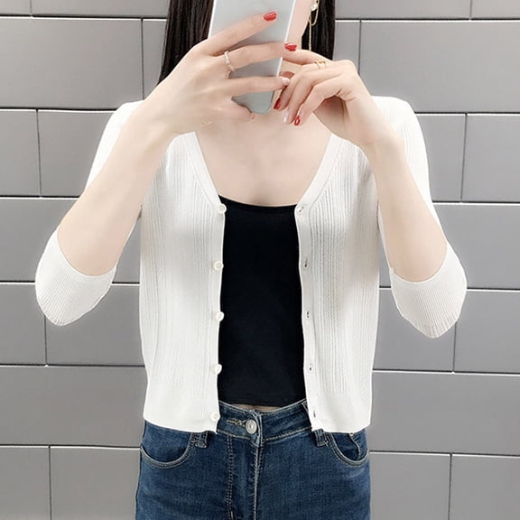 Uootdi Women's Multi - Color V - Neck 3/4 Sleeve Knit Cardigan with Buttons,Simple & Versatile Style, Ideal for Daily Wear and Indoor Layering White Women Top