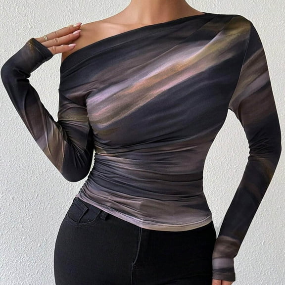 Uootdi Women's Off The Shoulder Long Sleeve T Shirts Tie Dye Gift Shirts Going Out Tops Casual Trendy Ruched Slim Fitted Tees