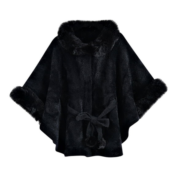 Uootdi Women's Oversize Cape Coat Fuzzy Collar Elegant Batwing Poncho Thick Warm Shawl Wrap Cardigan Cloak for Evening