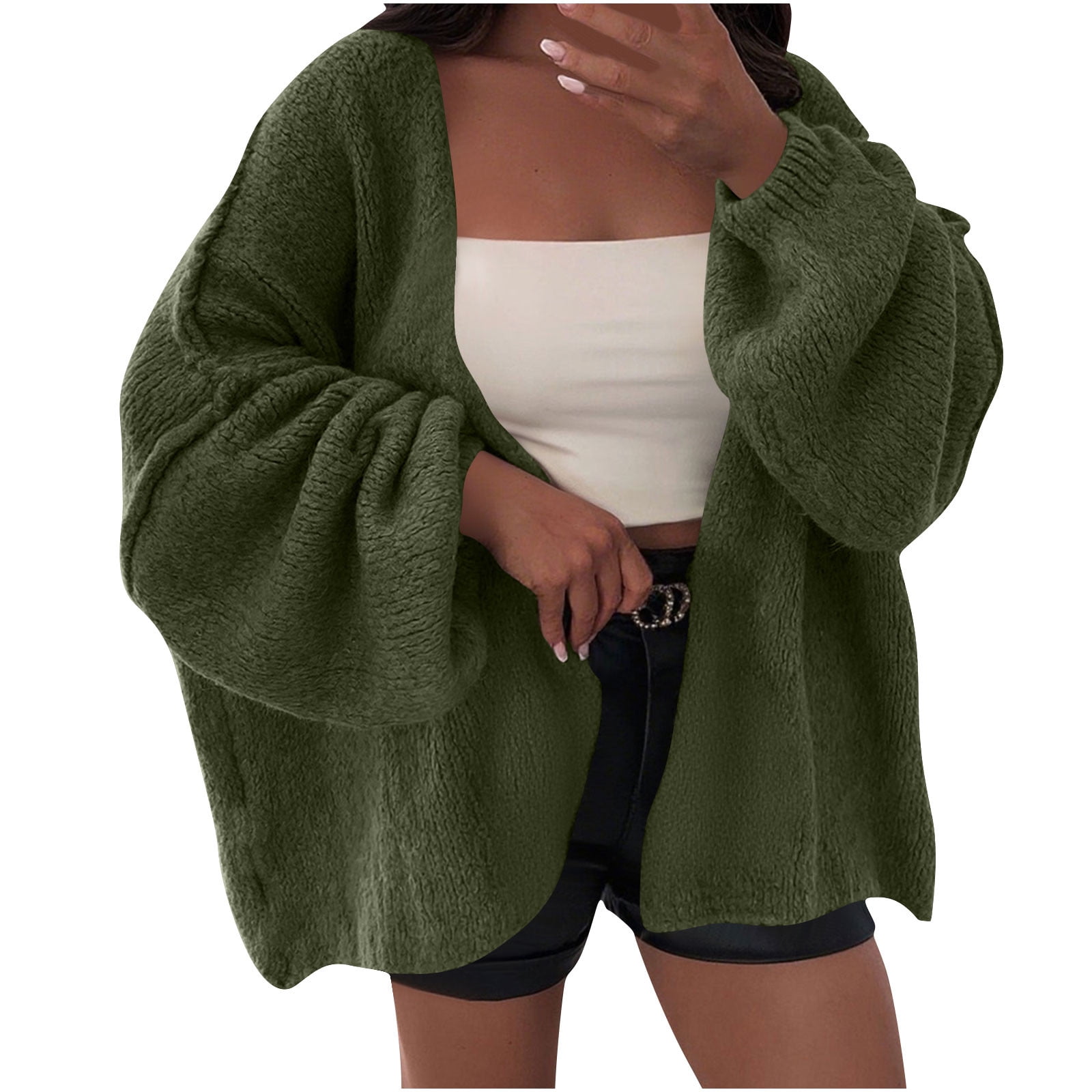 Uootdi Women's Oversized Open Front Cardigan Balloon Sleeve Knit Sweater  Casual Loose Fit Fall Fashion Trendy Cozy Outerwear Soft Knitwear Green  Women