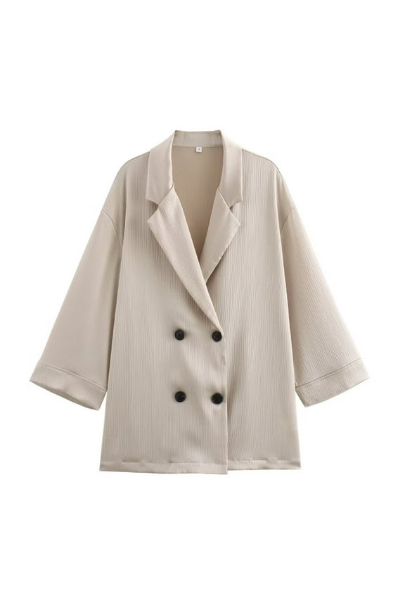 Women's Oversized Satin Blazer - Double Breasted Lapel Jacket, Casual Office Work Outerwear, Trendy Loose Fit Coat, Spring Fall Fashion Blazers Beige Women Top