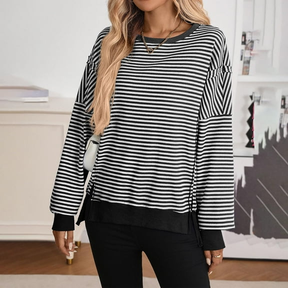 Uootdi Women's Oversized Striped Long Sleeve Shirts Crew Neck Split Hem T-Shirts Casual Color Gift Block Fall Going Out Top