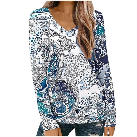 Uootdi Women's Paisley Print V - Neck Top, Long Sleeve, Casual Loose Fit, Boho Chic Pattern, Fall Trendy Blouse Navy Women Tops