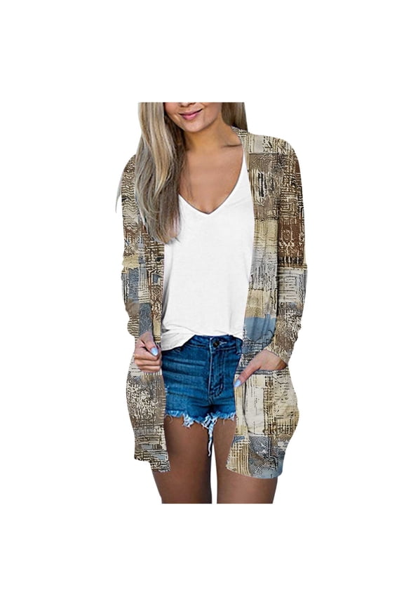 Uootdi Women's Patchwork Print Cardigan Open Front Long Sleeve Pockets Casual Loose Fit Lightweight Fall Fashion Outerwear Trendy Retro Pattern Sweater Khaki Women Top