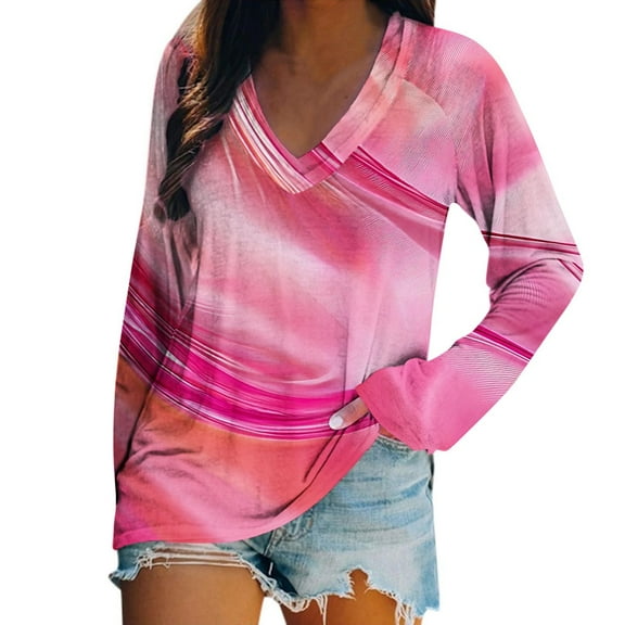 Uootdi Women's Pink Gradient Striped Top V - Neck Shirt Casual Long Sleeve Tee Trendy Summer Fashion Colorful Design Red Women Tops