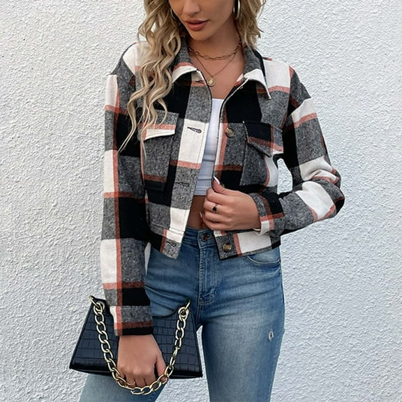 Uootdi Women's Plaid Cropped Shacket Button Front Collared Long Sleeve Pockets Casual Trendy Fall Outerwear Streetwear Crop Top Flannel Shirt Khaki Women Top