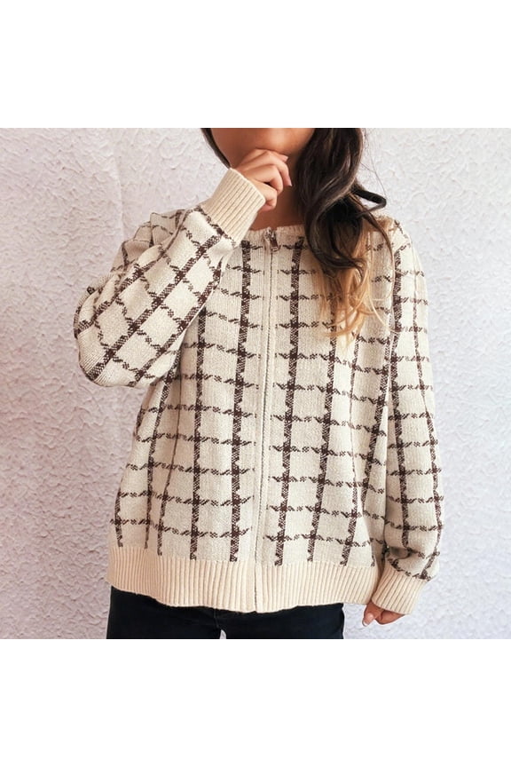 Women's Plaid Knit Cardigan Zip Up Round Neck Sweater Jacket Casual Fall Winter Outerwear Beige Women Top