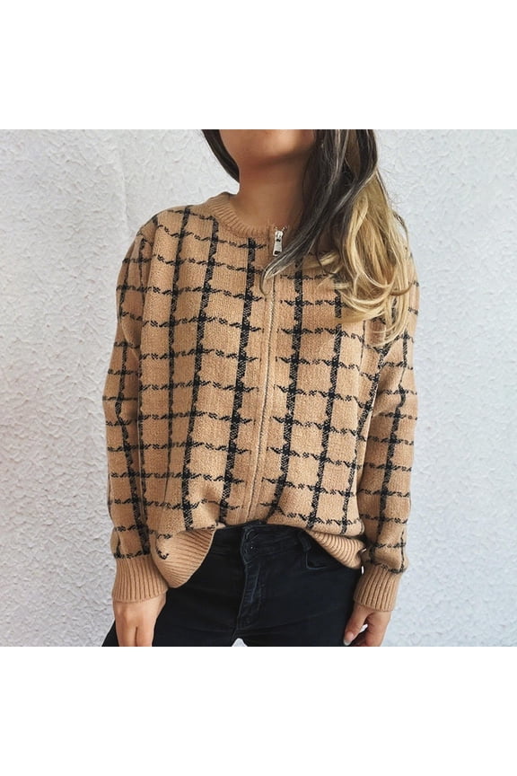 Women's Plaid Knit Cardigan Zip Up Round Neck Sweater Jacket Casual Fall Winter Outerwear Khaki Women Top